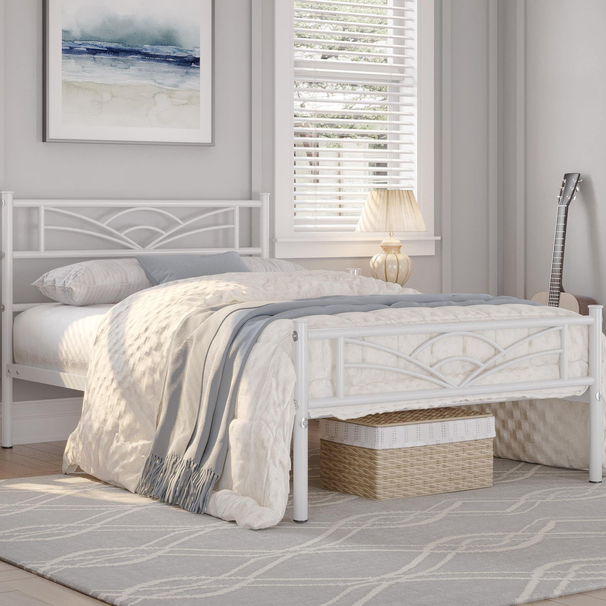 Twin Size White Metal Bed Frame with Headboard U227337