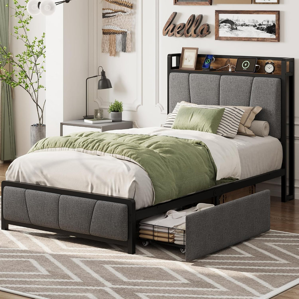 Twin Size Bed Frame with Storage Drawers and Charging Station J583