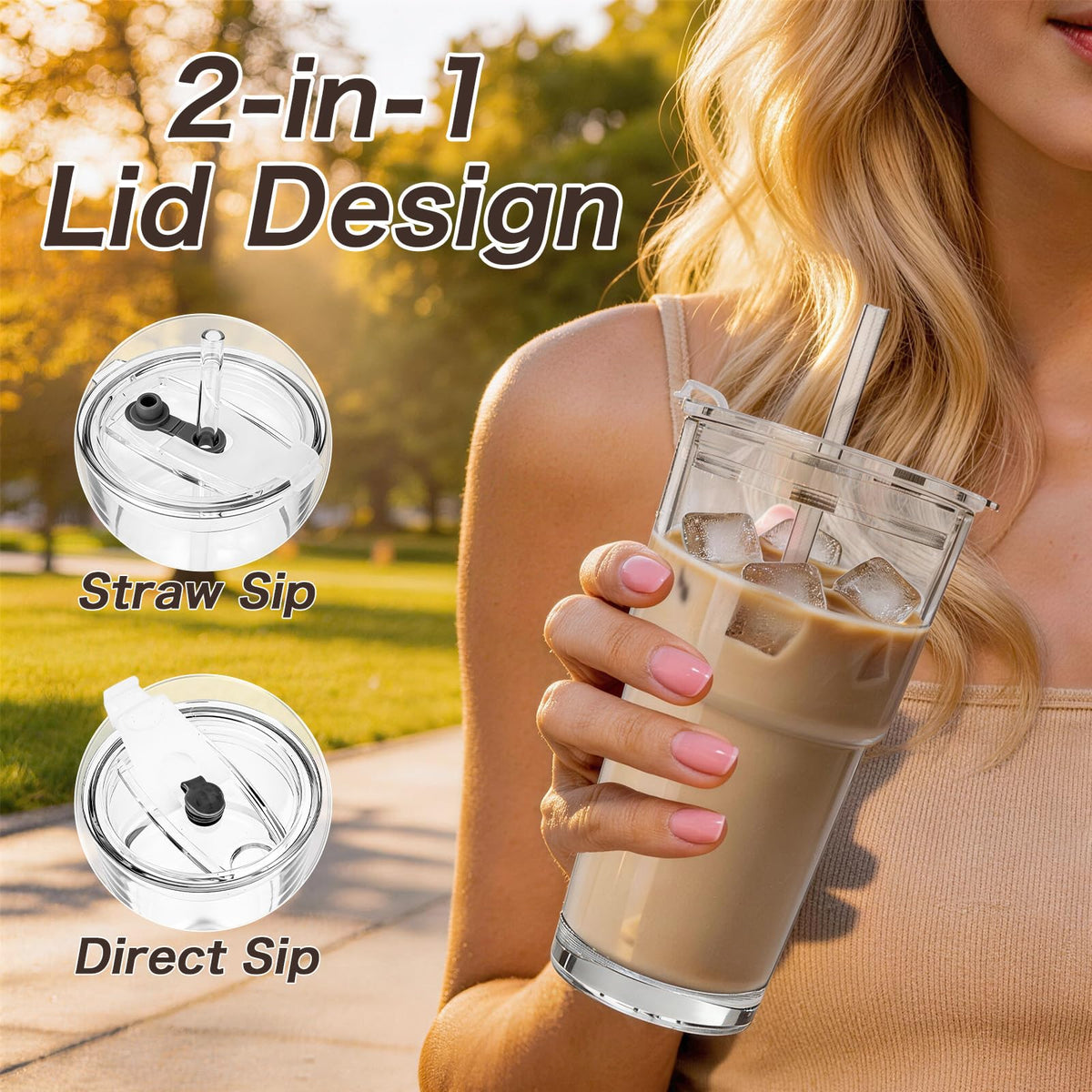 Clear Iced Coffee Cups with Lids 4 Pack 20oz Reusable Glass Cups Y60067