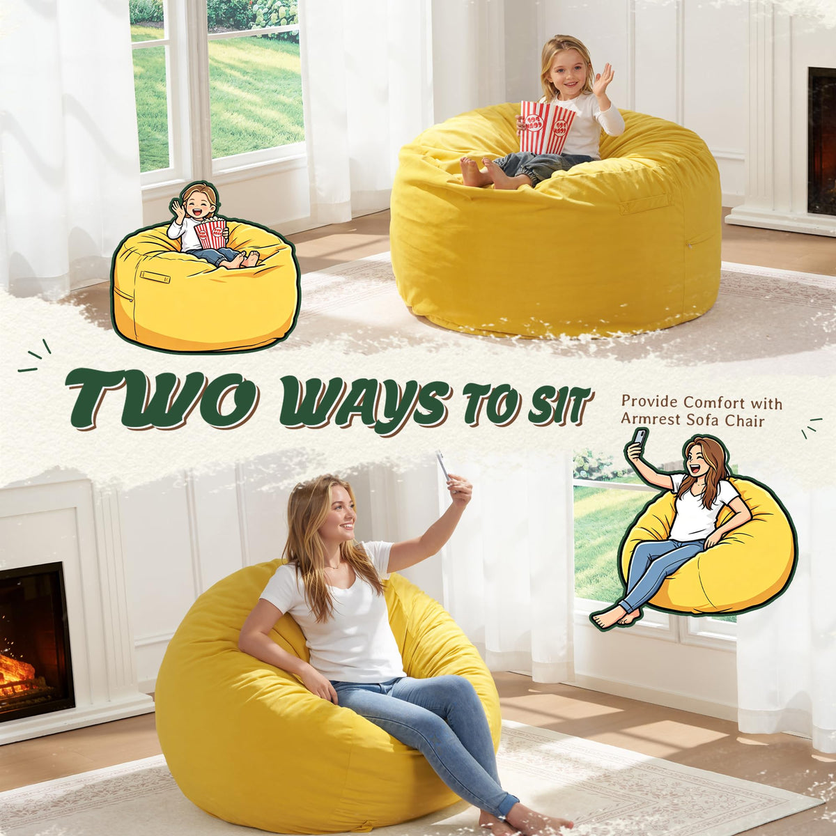 Yellow Memory Foam Bean Bag Chairs A8247