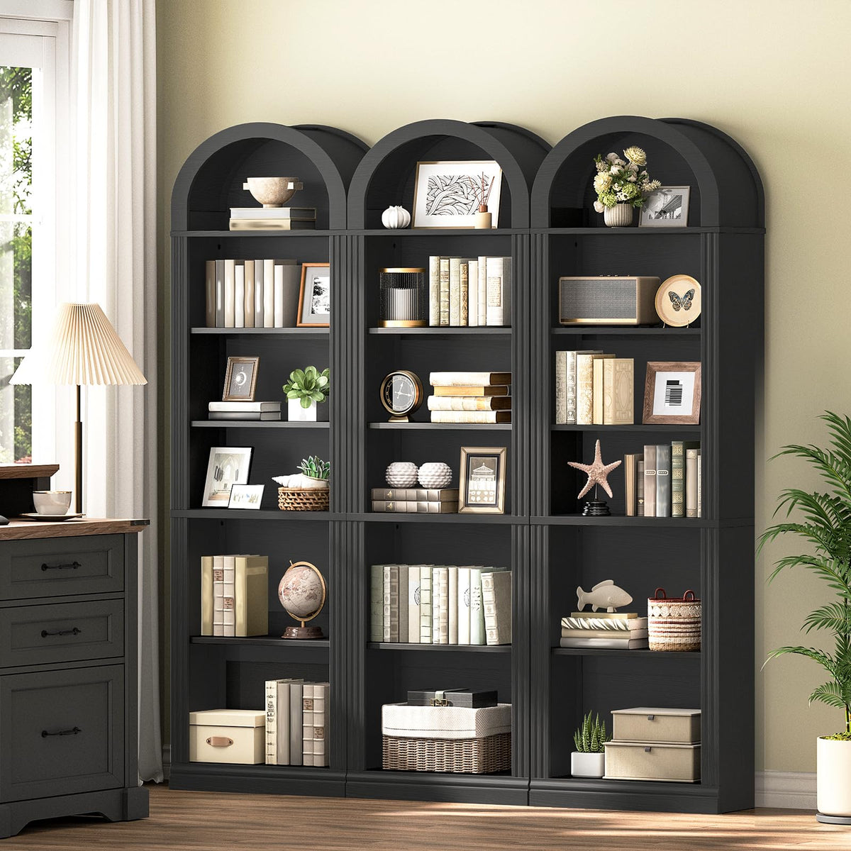 75.8" Tall Narrow 6-Tier Arched Wooden Bookshelf, Black H31972