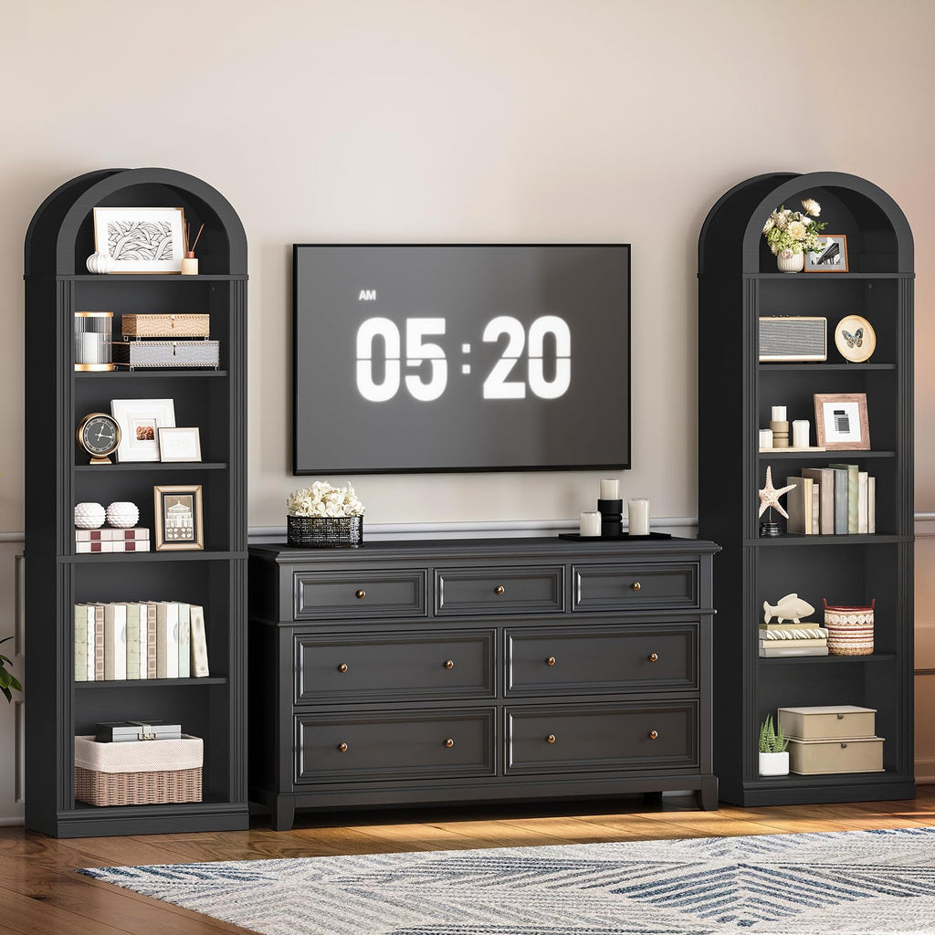 75.8" Tall Narrow 6-Tier Arched Wooden Bookshelf, Black H31972