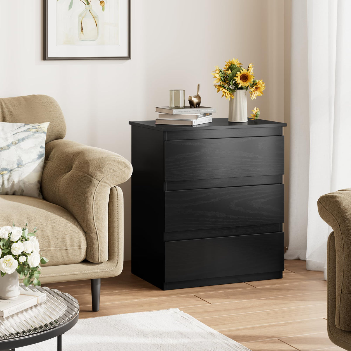 Black 3 Drawer Nightstand U6685