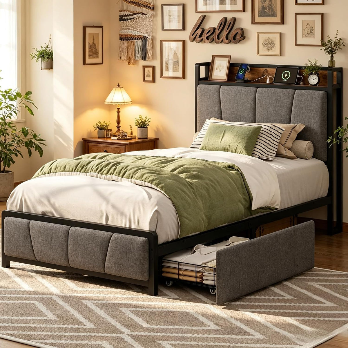 Twin Size Bed Frame with Storage Drawers and Charging Station J583