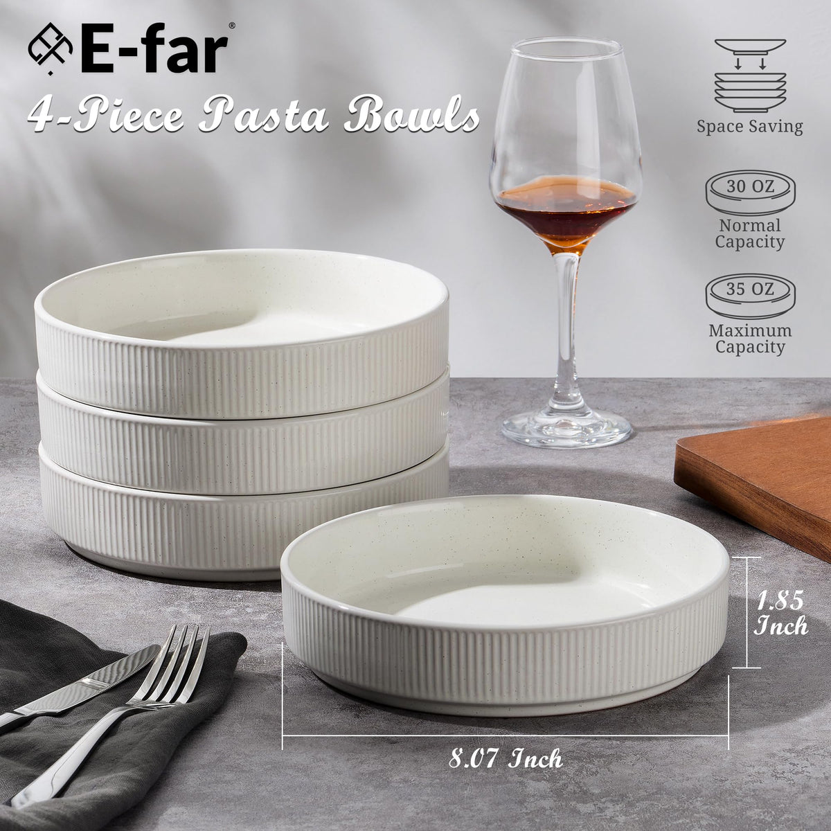 Pasta Bowls Set of 4, 35oz Ceramic, White, 8" P884