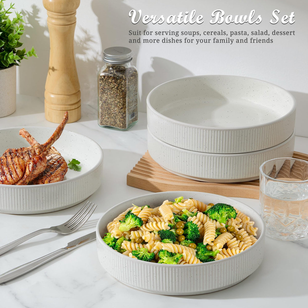 Pasta Bowls Set of 4, 35oz Ceramic, White, 8" P884