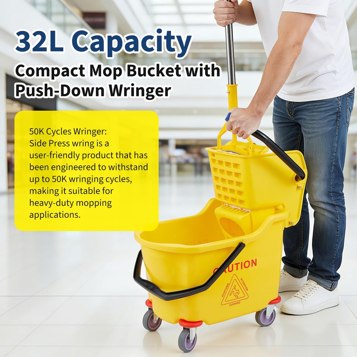 Yellow 35 Quart Commercial Mop Bucket with Side Press Wringer on Wheels G446