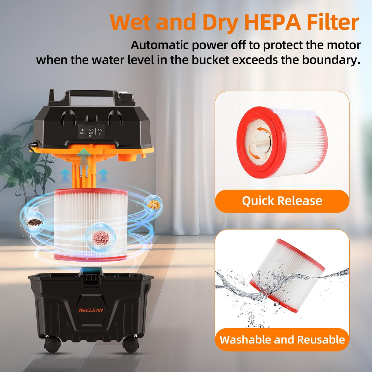 4 Gallon 5.5 Peak HP Wet Dry Vacuum Cleaner with Blower Function Q15530