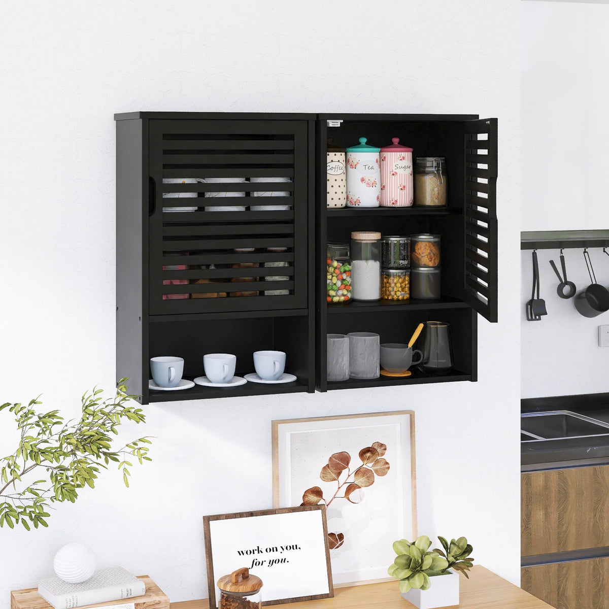 Black Bamboo Wall Mounted Bathroom Storage Cabinet H576