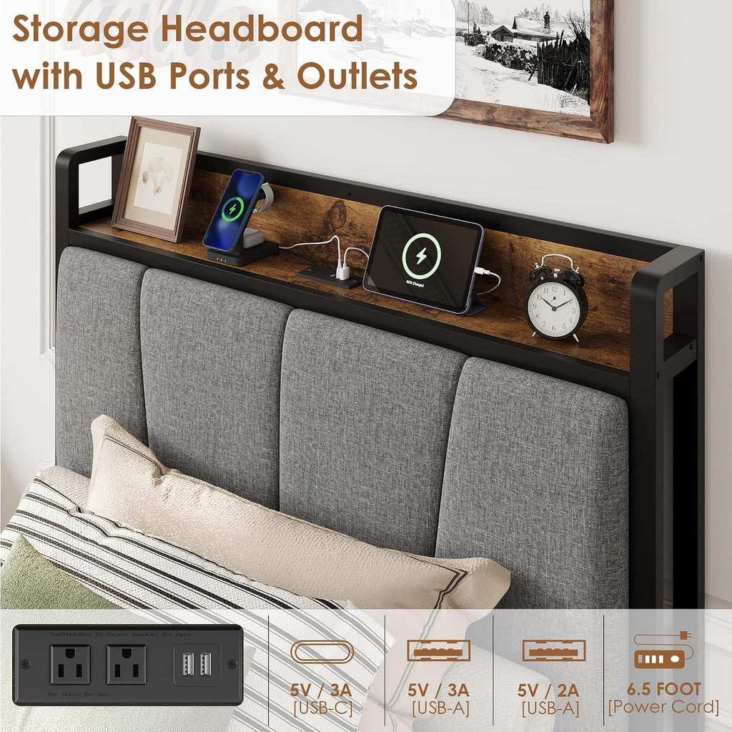 Twin Size Bed Frame with Storage Drawers and Charging Station J583