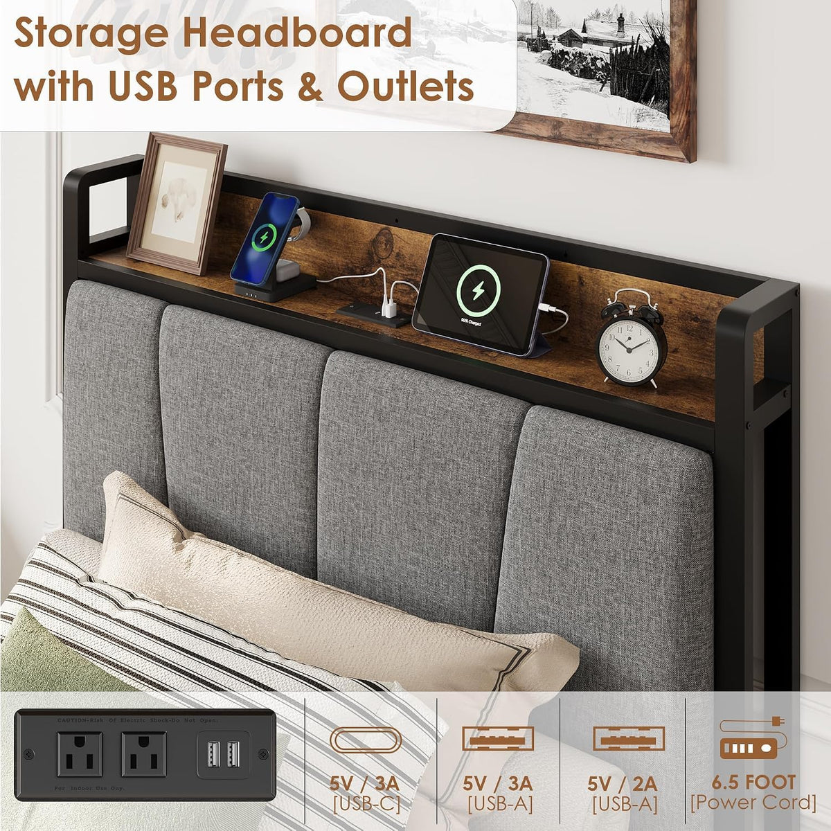 Twin Size Bed Frame with Storage Drawers and Charging Station J583