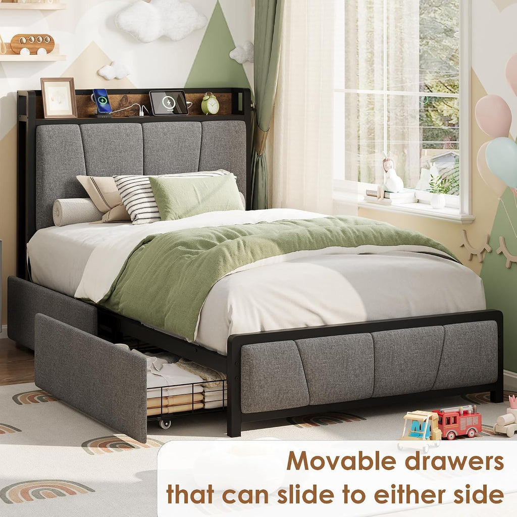 Twin Size Bed Frame with Storage Drawers and Charging Station J583
