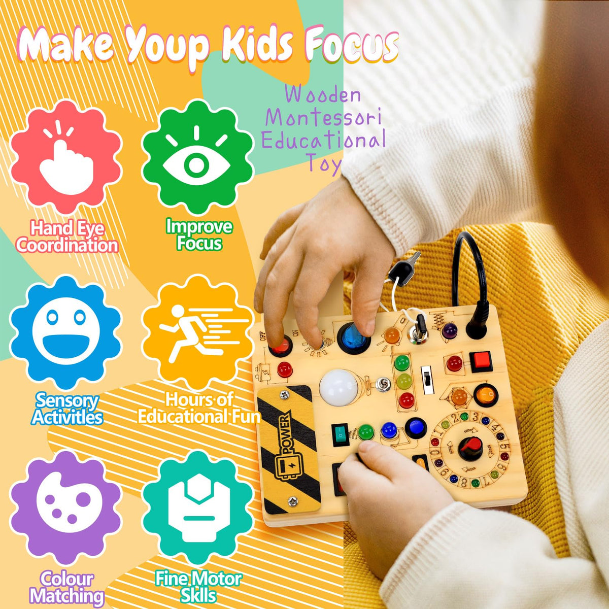 Wooden Sensory Activity Board with LED Light Switches L8726