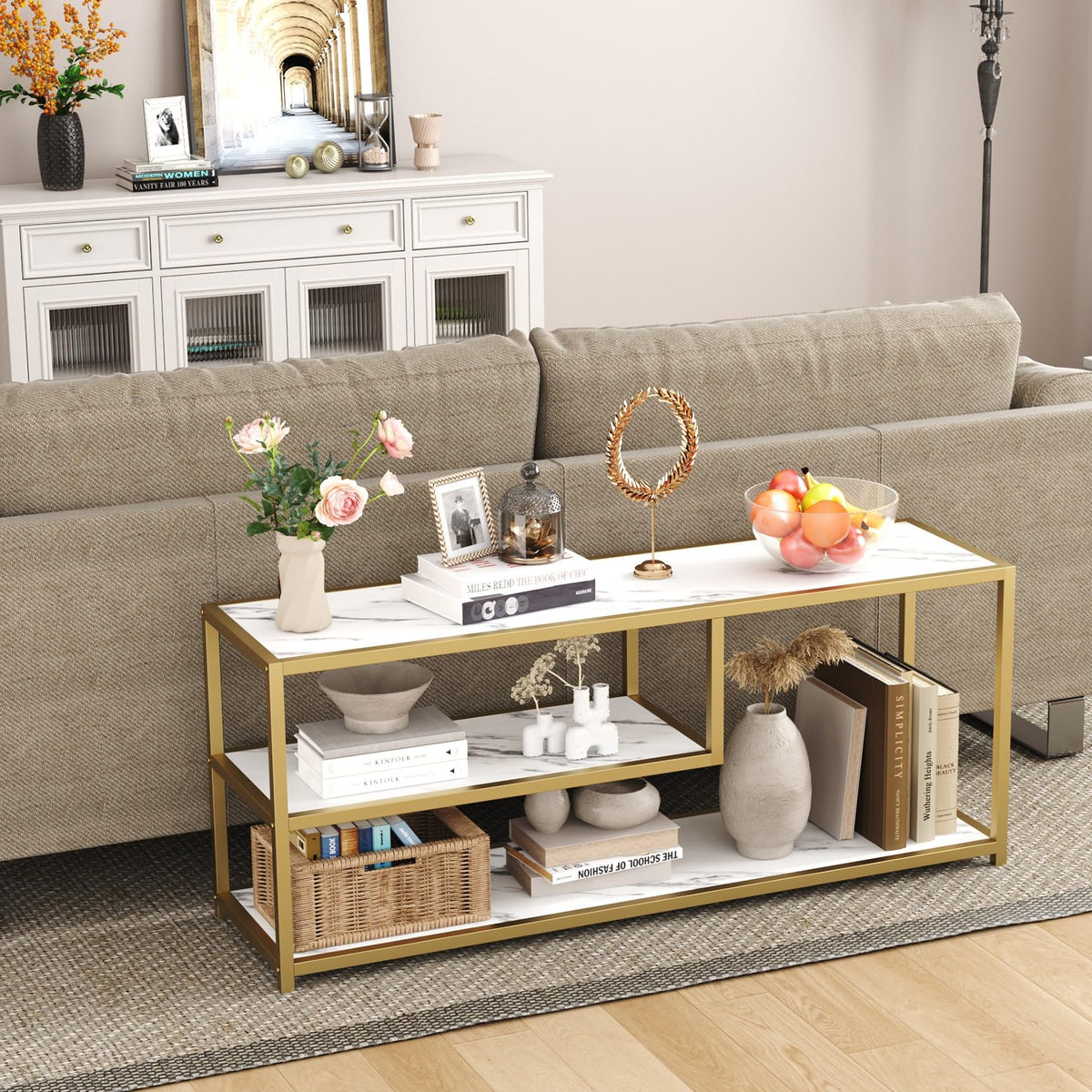 TV Stand for TVs up to 55 Inch, 3 Tier Media Console with Open Storage Shelves V762805