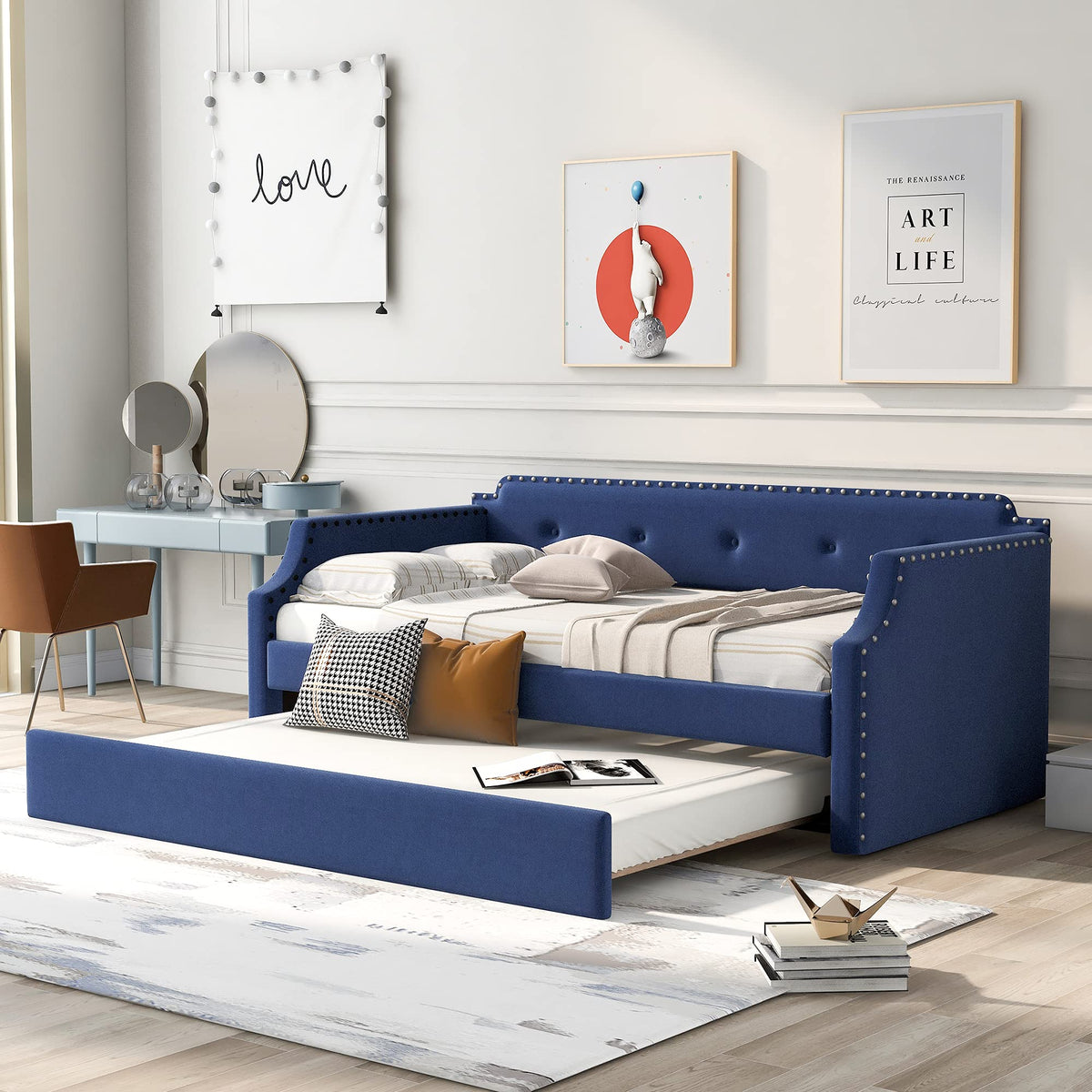 Blue Upholstered Daybed with Trundle Z41714