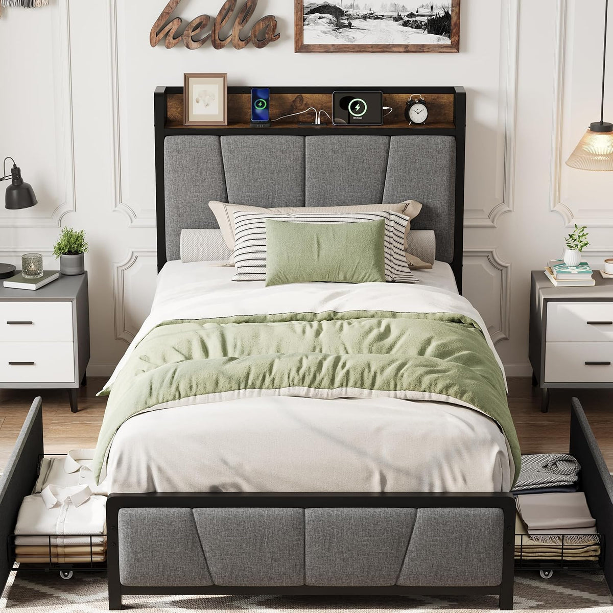 Twin Size Bed Frame with Storage Drawers and Charging Station J583
