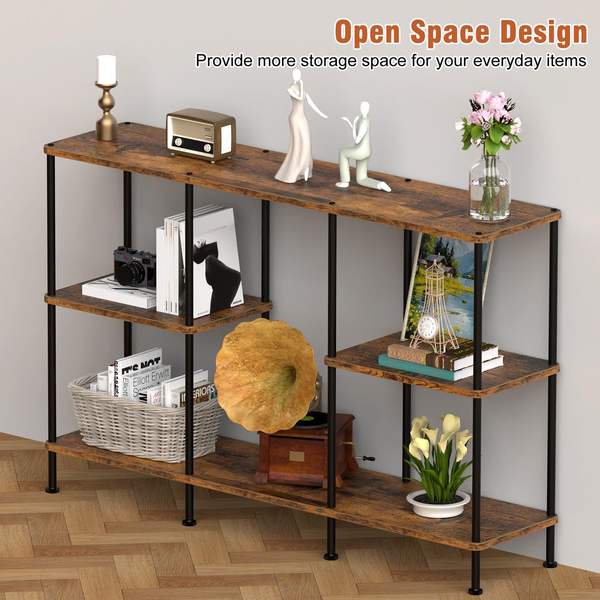Brown 3 Tier Wood TV Stand with Storage Shelf E11160