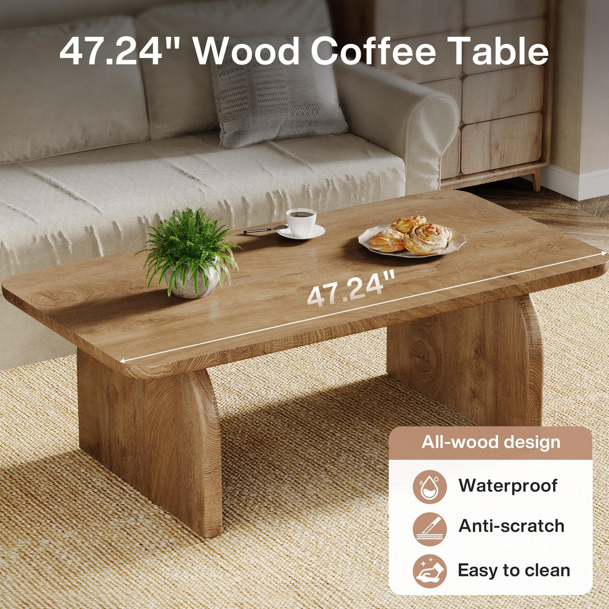 47-Inch Natural Brown Wood Coffee Table G62308