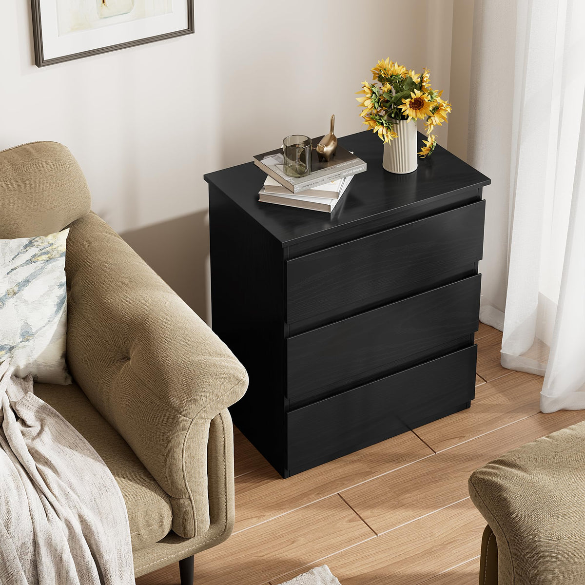 Black 3 Drawer Nightstand U6685