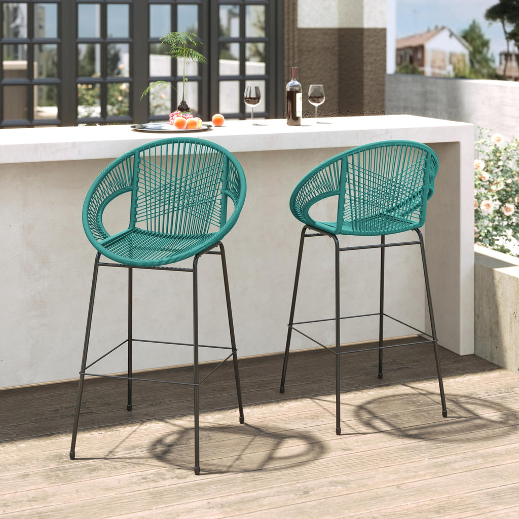Teal Faux Wicker Outdoor Bar Stool Set of 2 P756