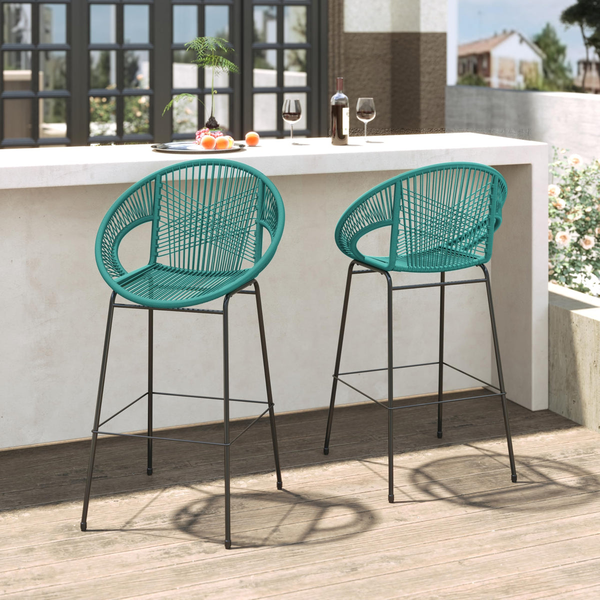 Teal Faux Wicker Outdoor Bar Stool Set of 2 P756