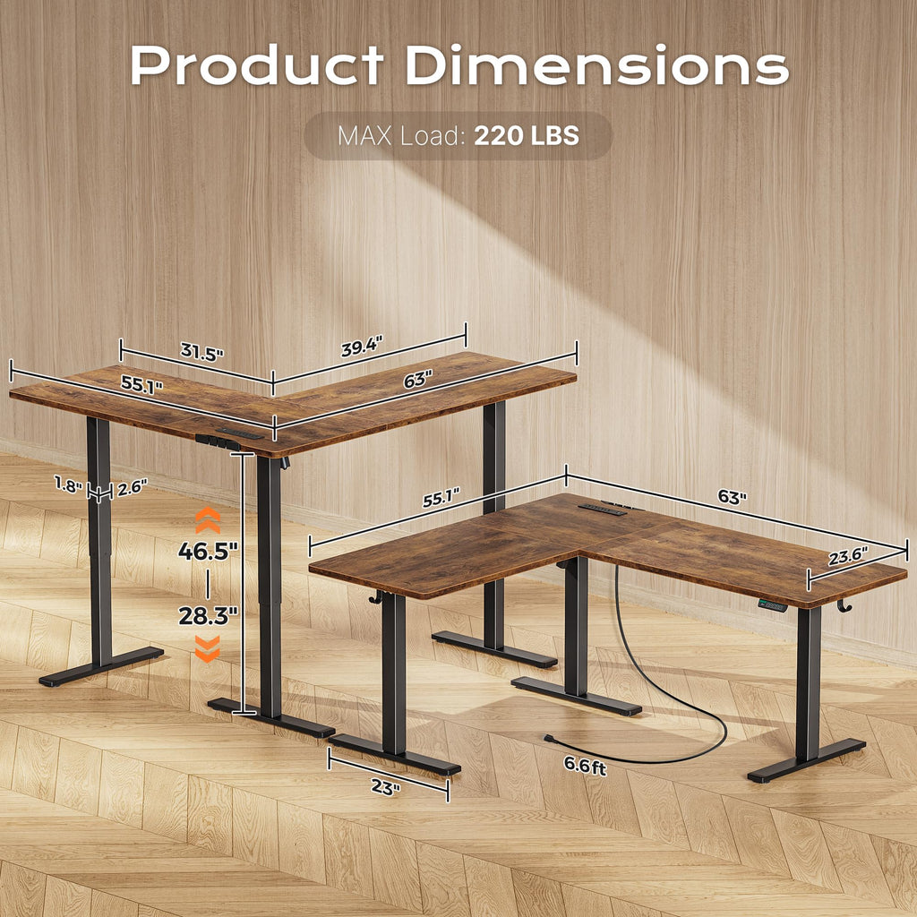 63 x 55 Inch L Shaped Standing Desk with Power Outlets D683
